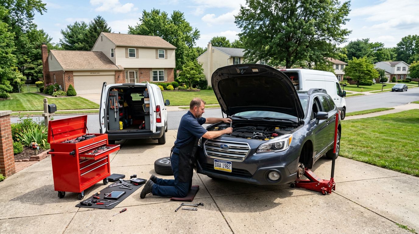 Mobile mechanic working on a car in a Chester County driveway